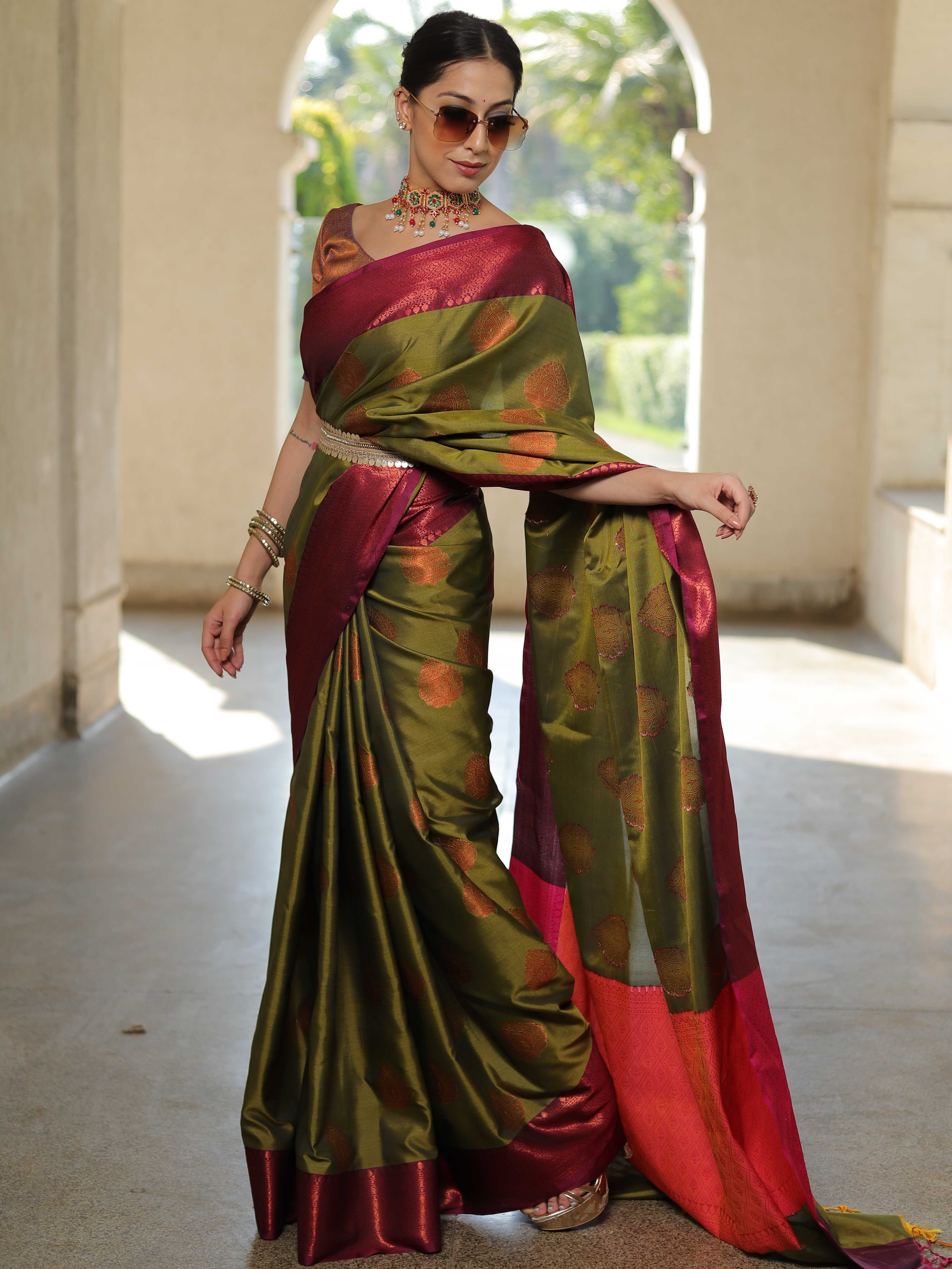 New Modern Soft Silk Sarees Red with Contrast Blouse