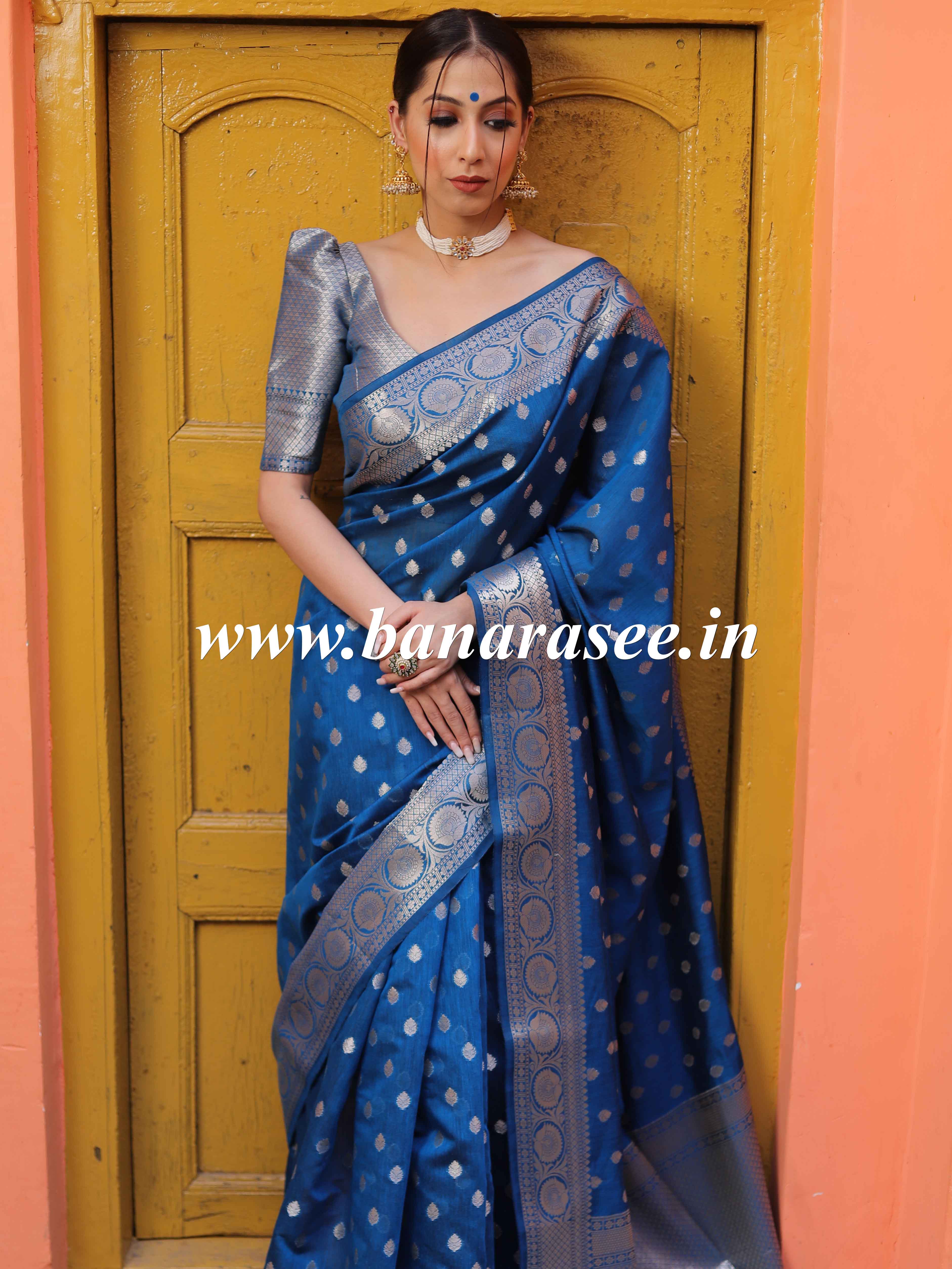Banarasee Handwoven Pure Silk Cotton Saree With Zari Buti & Border-Dee