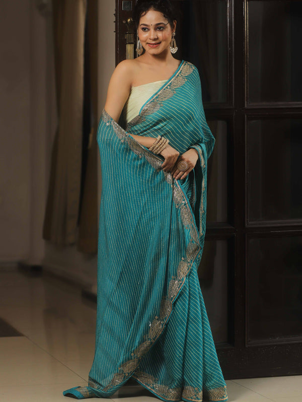 Banarasee Chiffon Bandhani Print Saree & Hand Work With Contrast Blouse-Blue