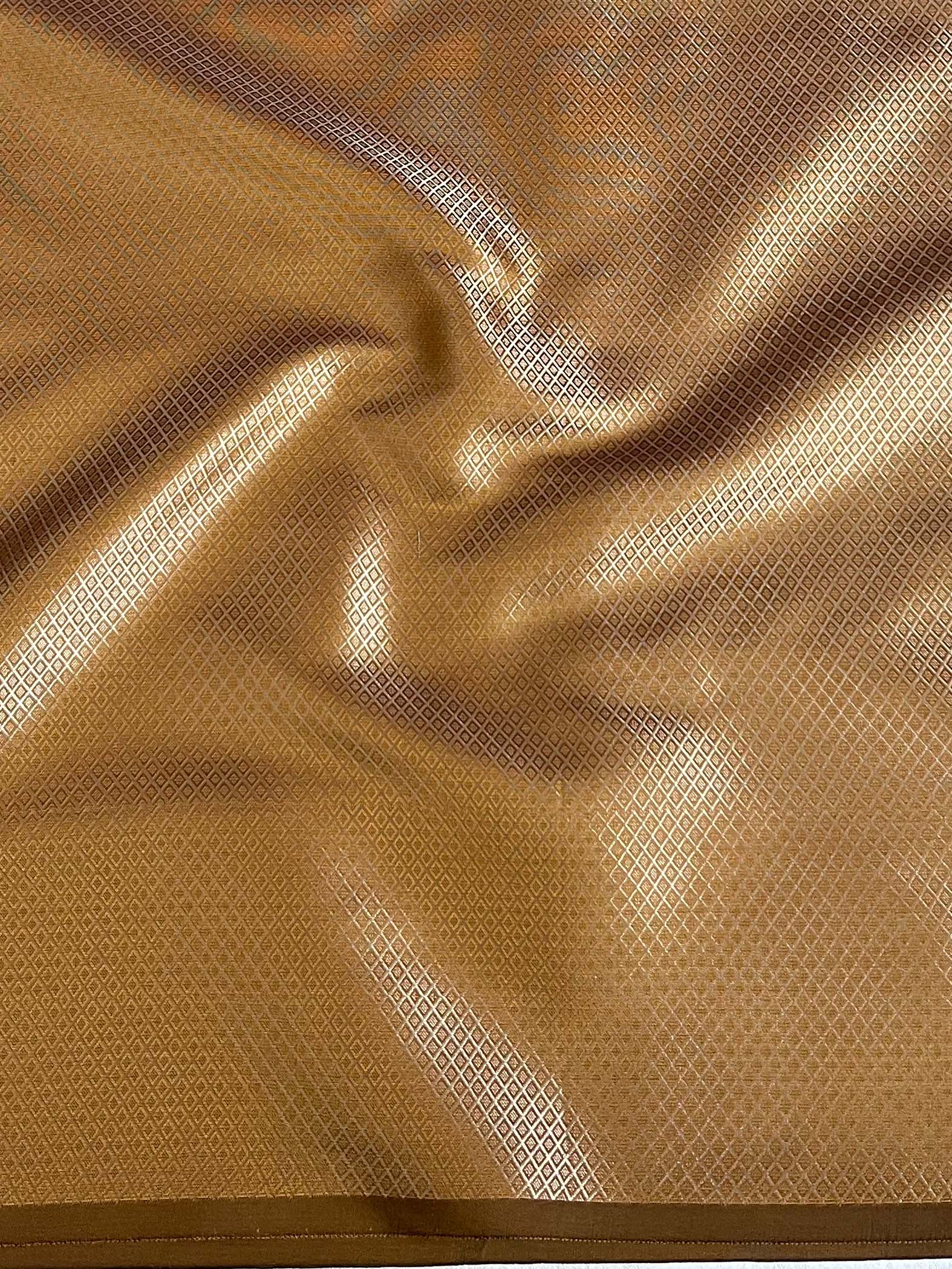 Banarasee Handwoven Semi Silk Saree With Zari Border-Golden Brown