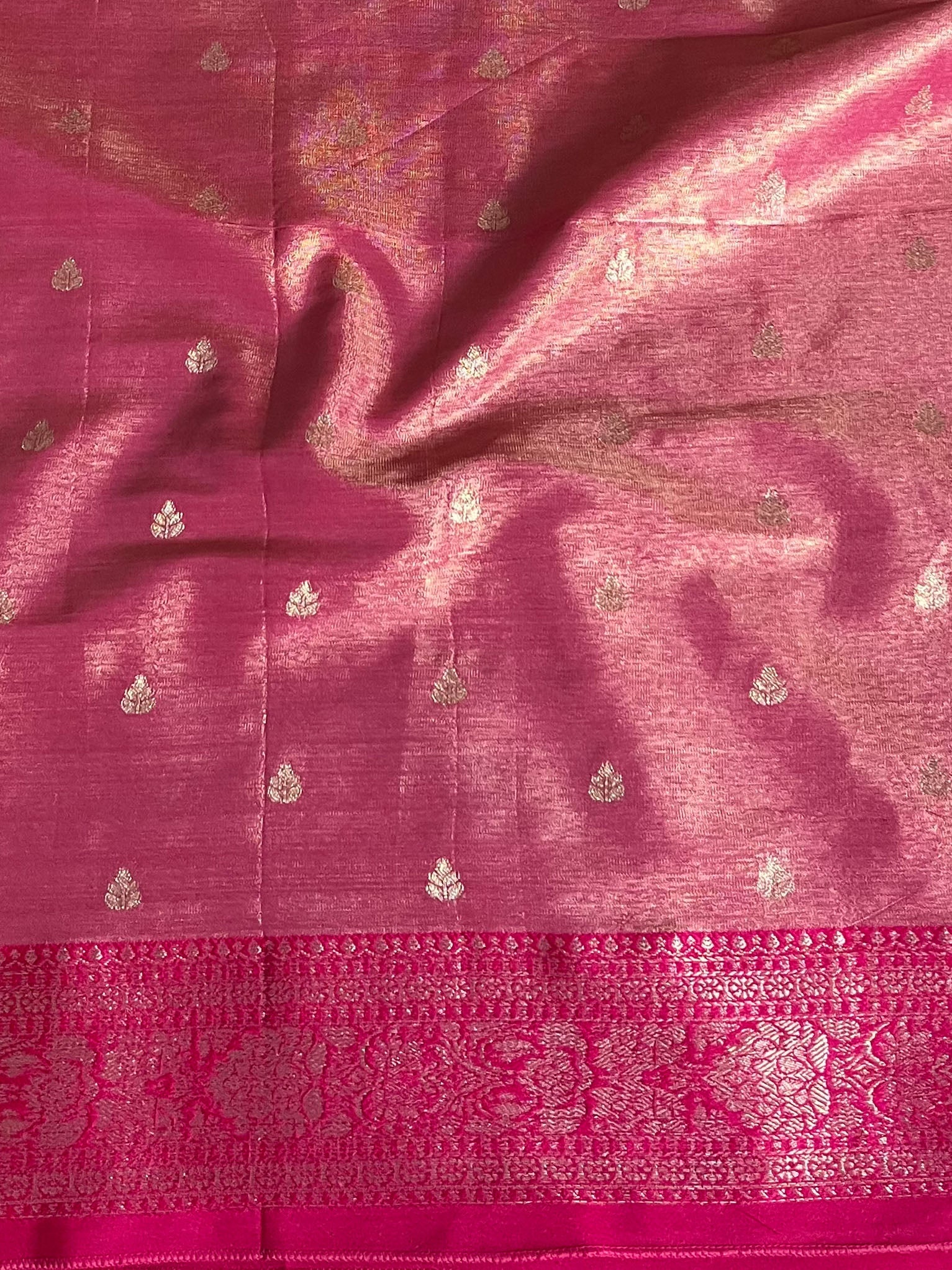 Banarasee Contrast Border Buta Design Tissue Saree-Blue & Pink