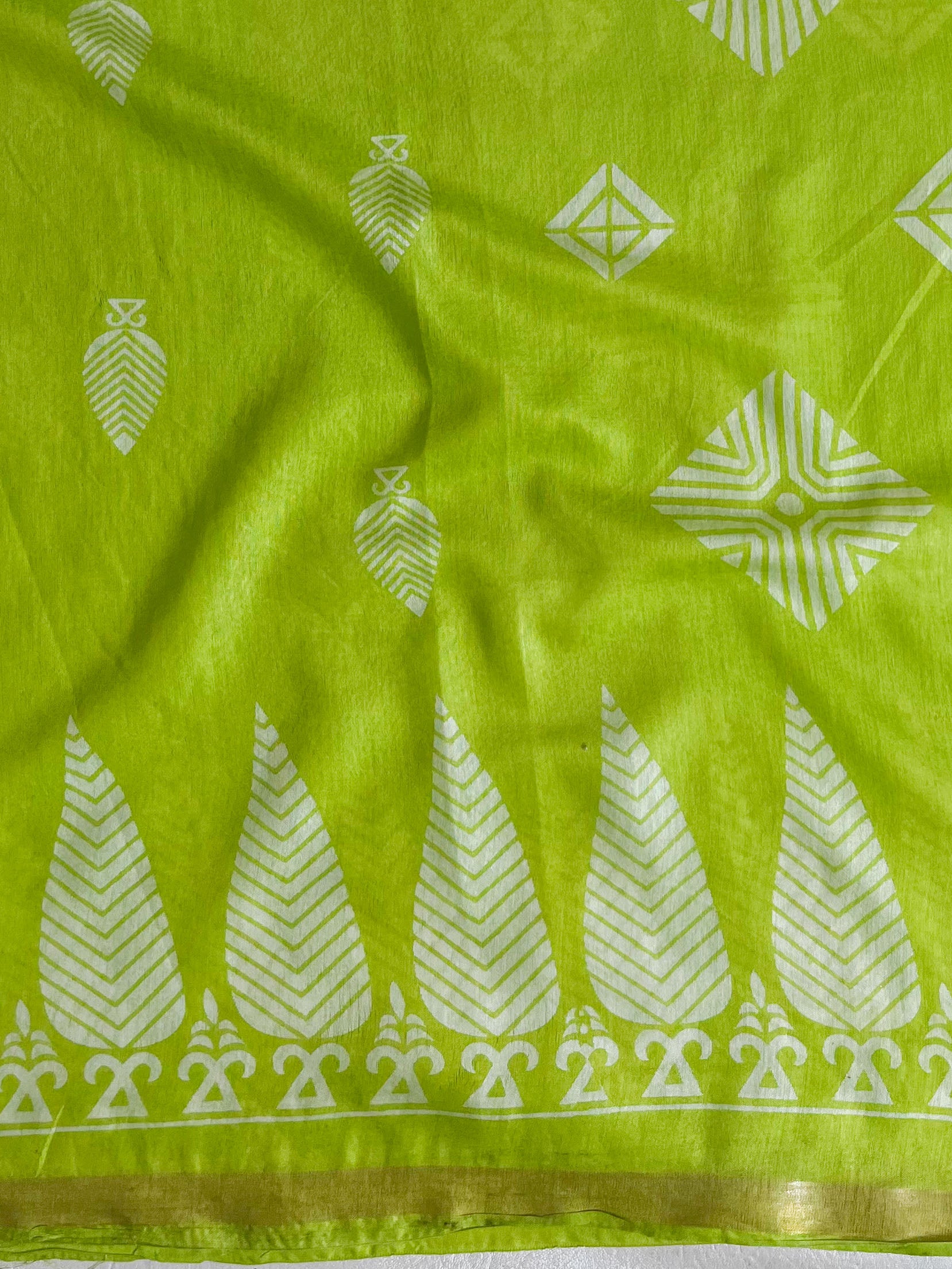 Banarasee Katan-Silk Block Print Saree With Gold Border-Lime Green