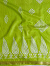 Banarasee Katan-Silk Block Print Saree With Gold Border-Lime Green