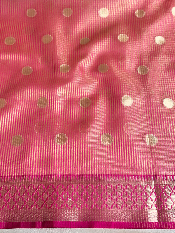 Banarasee Cotton Silk Kota Checks Saree With Zari Design-Green & Pink