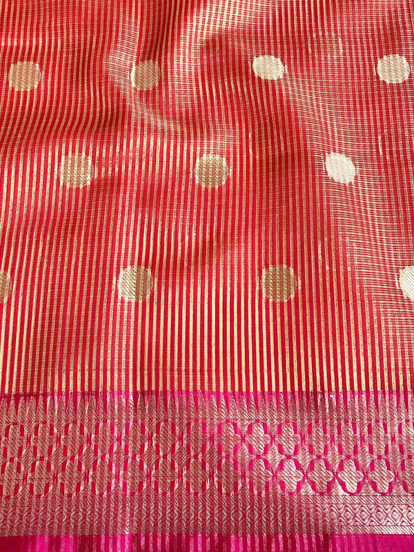 Banarasee Cotton Silk Kota Checks Saree With Zari Design-Silver & Pink