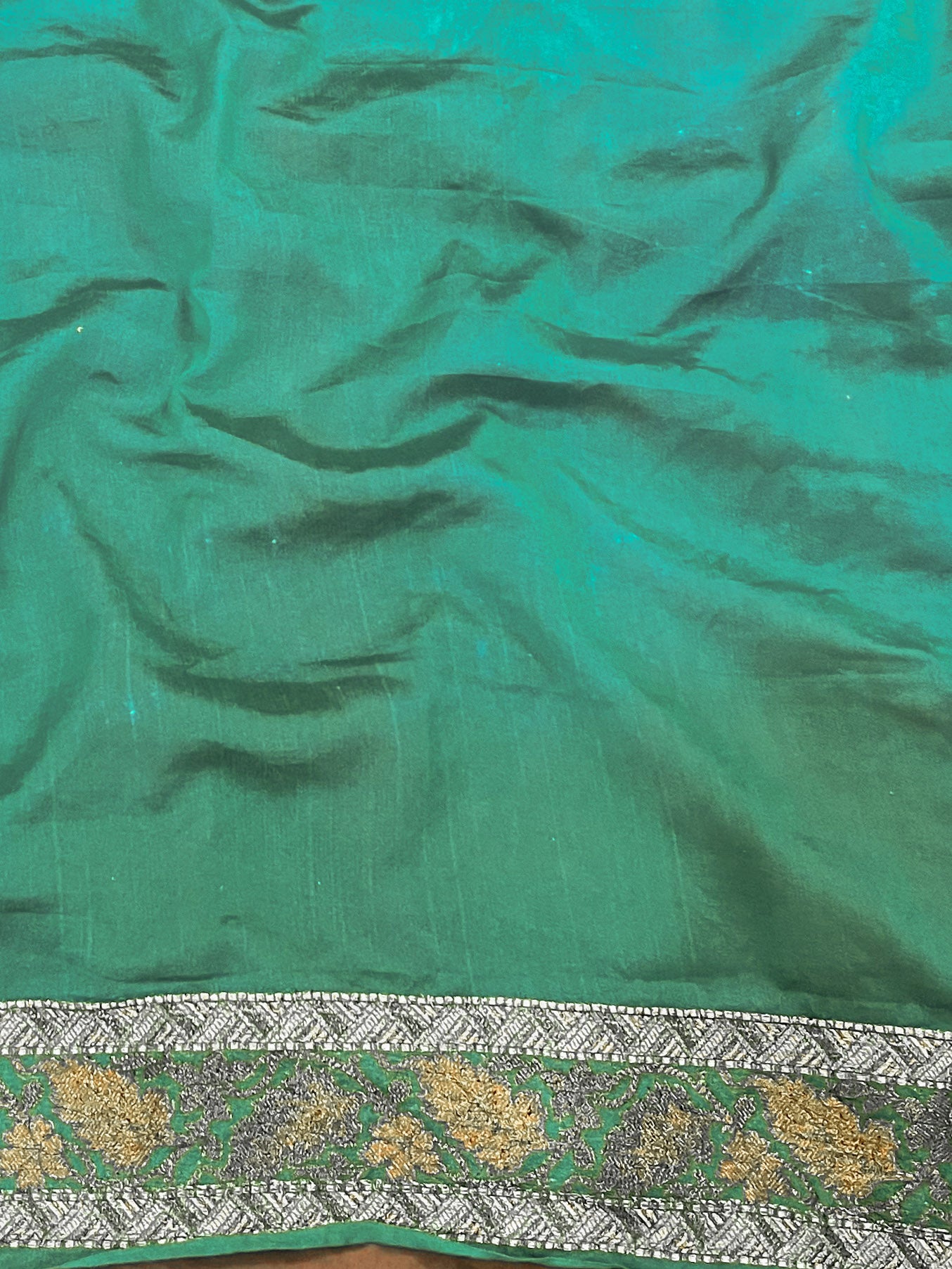 Banarasee Handwoven Georgette Saree Zari Design With Lace-Teal Green