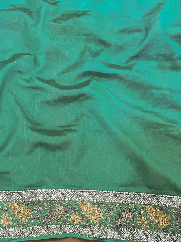 Banarasee Handwoven Georgette Saree Zari Design With Lace-Teal Green