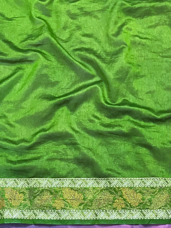 Banarasee Handwoven Georgette Saree Zari Design With Lace-Heena Green