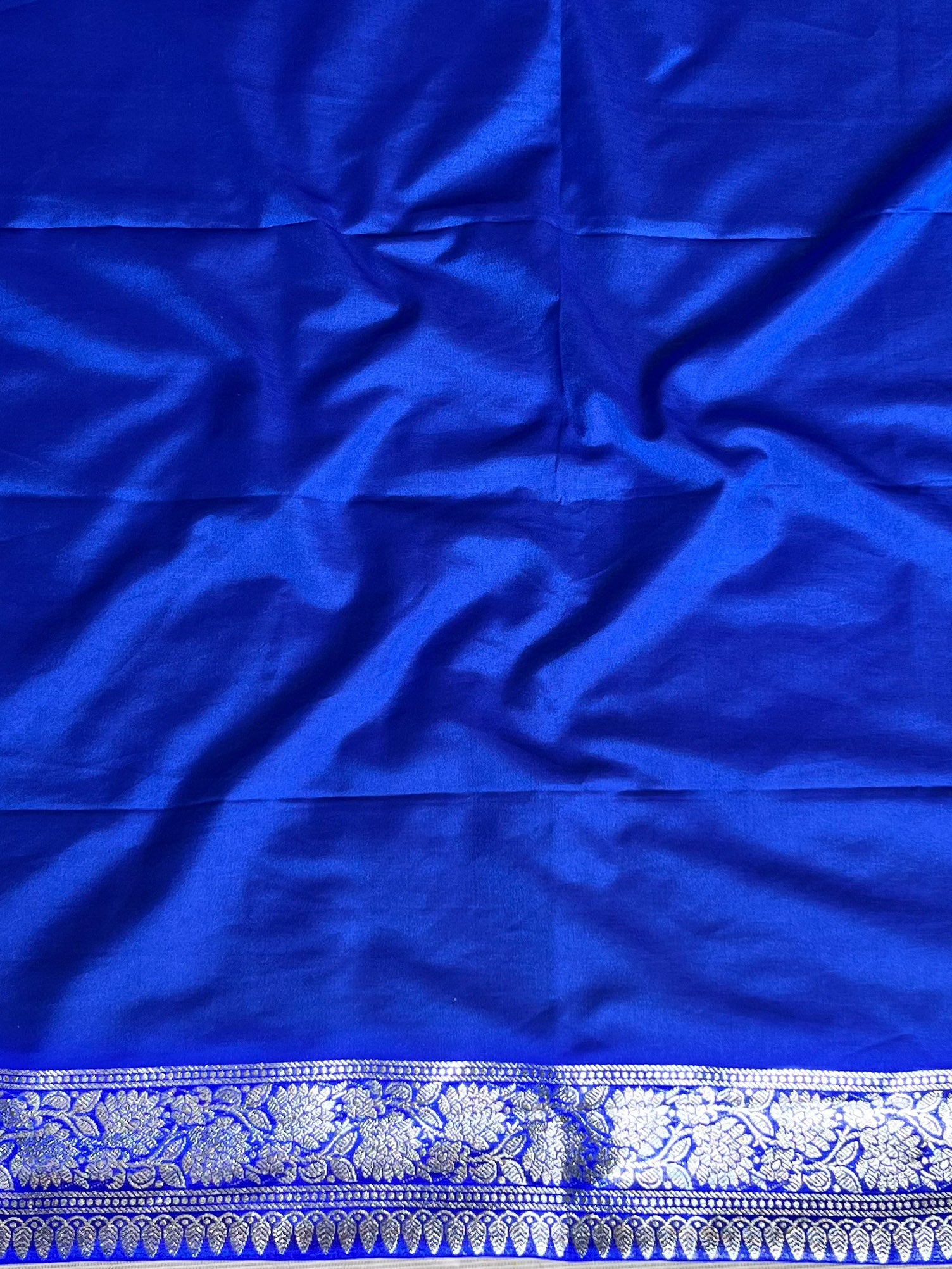 Banarasee Semi-Katan Silver Zari Border Saree With Lace-Royal Blue