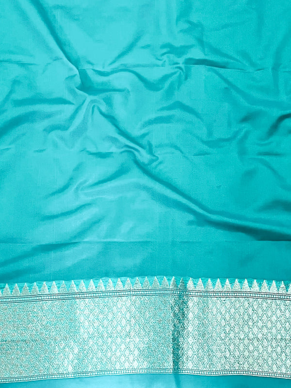 Banarasee Semi-Katan Silver Zari Border Saree With Lace-Turquoise Blue