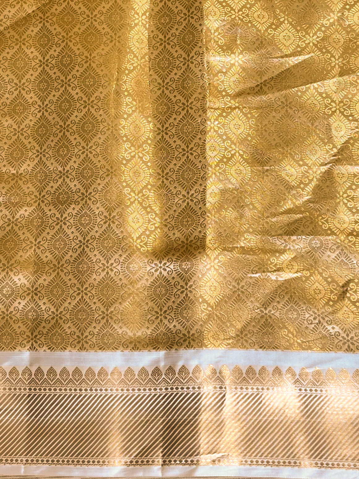 Banarasee Handwoven Tissue Saree Zari Border With Digital Print-Gold & White