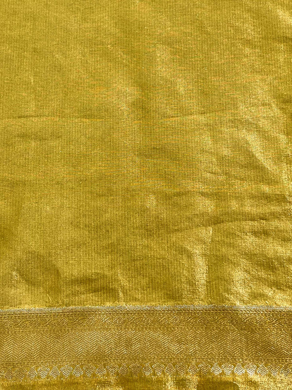 Banarasee Handwoven Plain Tissue Saree Zari Border With Lace-Mustard Yellow