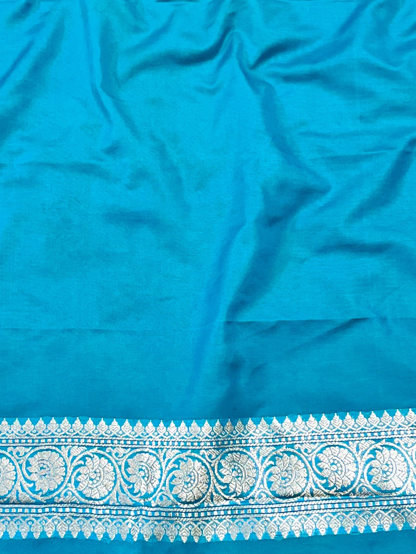 Banarasee Semi-Katan Heavy Silver Zari Jaal Saree With Lace-Blue