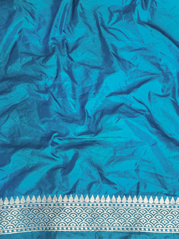 Banarasee Handwoven Semi Katan Saree With Zari Buta Design-Teal Blue