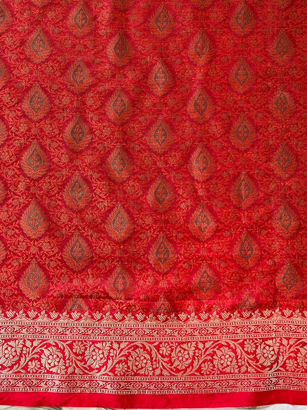 Banarasee Handwoven Semi-Katan Tanchoi Weaving Floral Border Saree-Blue & Red