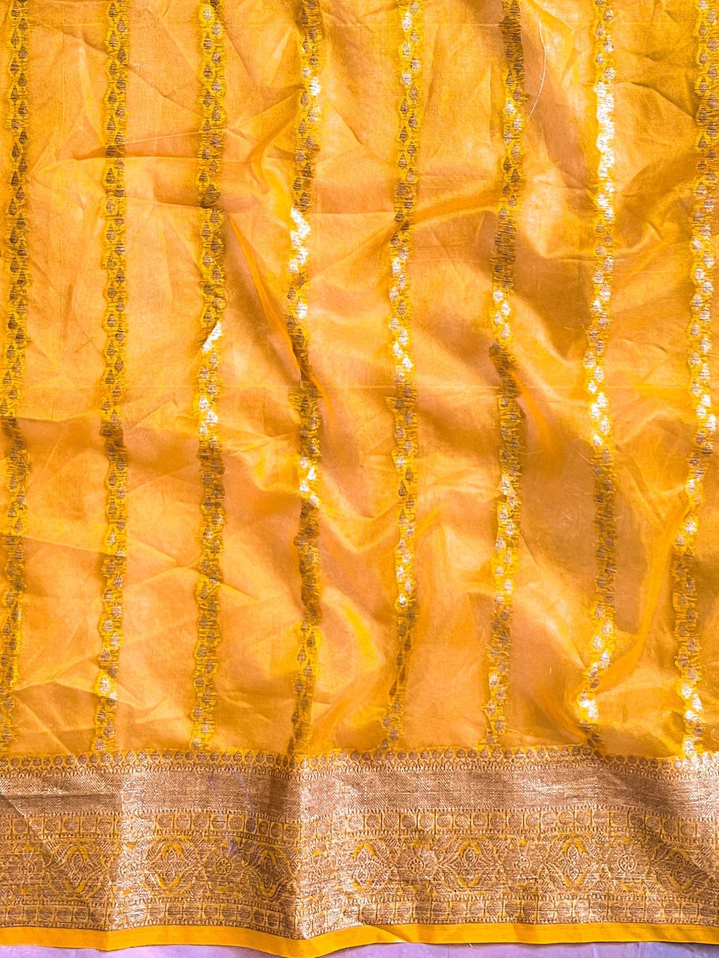 Banarasee Organza Saree With Antique Zari Buta Design-Yellow