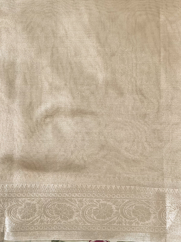 Banarasee Handwoven Plain Tissue Saree Zari Border-Silver