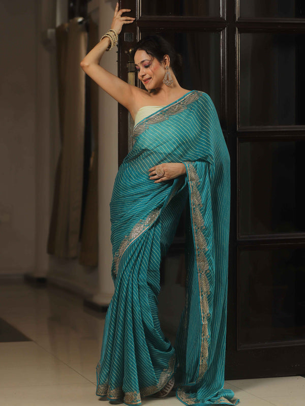 Banarasee Chiffon Bandhani Print Saree & Hand Work With Contrast Blouse-Blue