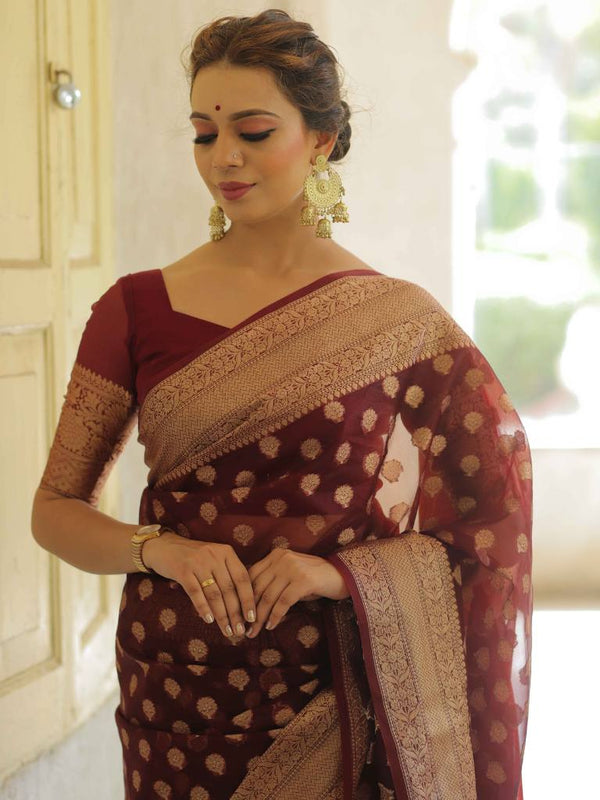 Banarasee Organza Mix Saree With Zari Buti Design & Border-Brown