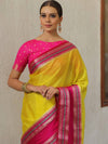 Banarasee Handwoven Semi Silk Plain Saree With Broad Zari & Contrast Border-Yellow & Pink