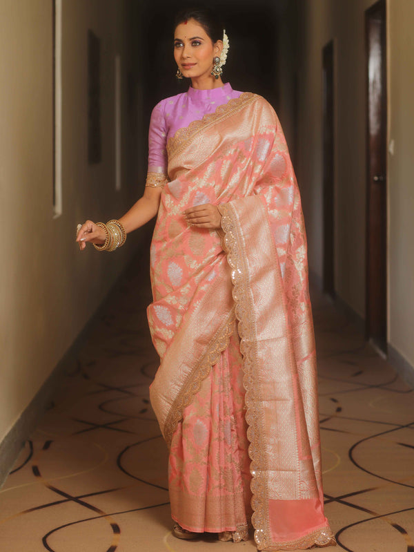 Banarasee Handwoven Georgette Saree With Zari Jaal Lace Border & Contrast Blouse-Pink