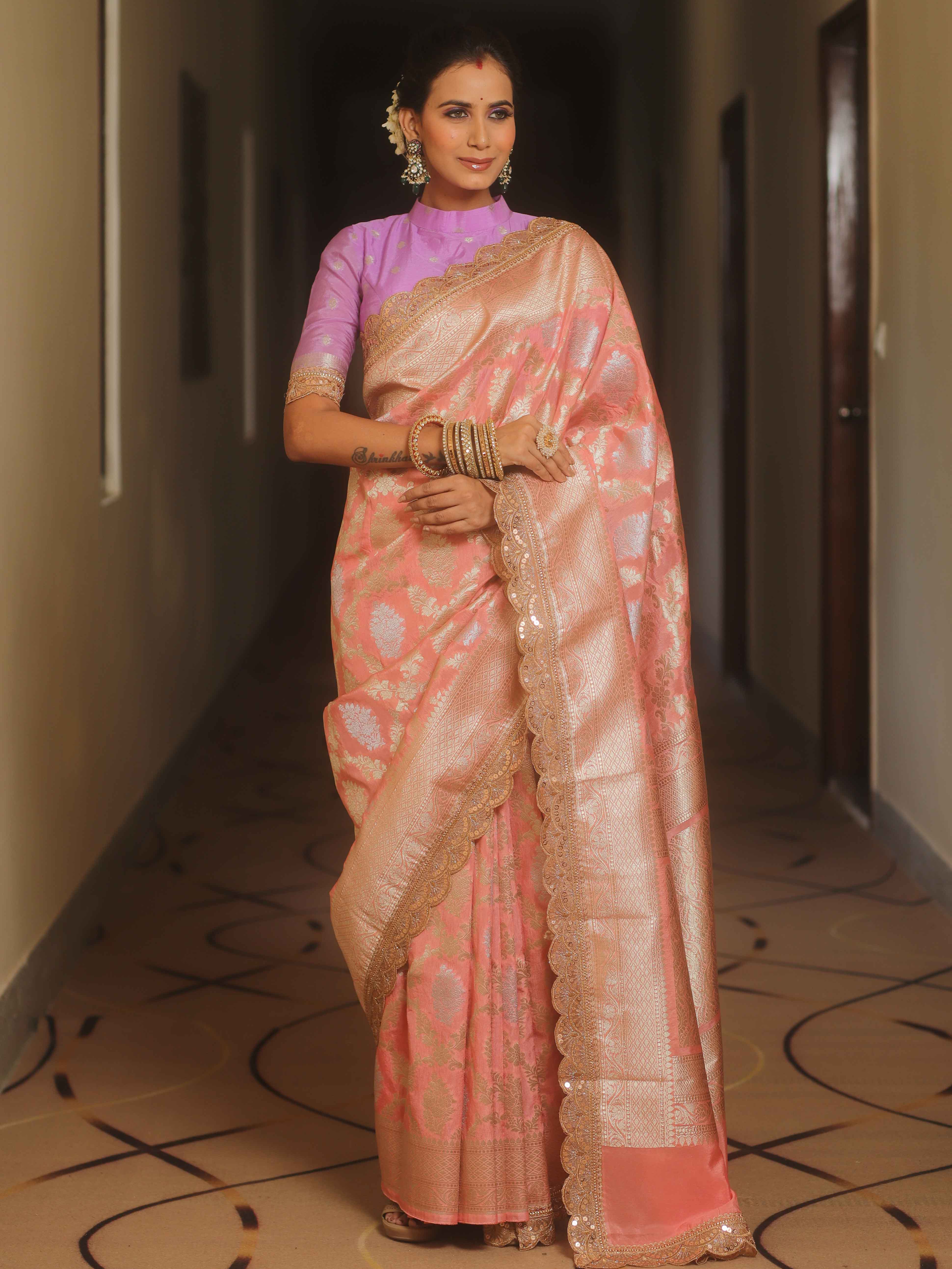 Banarasee Handwoven Georgette Saree With Zari Jaal Lace Border & Contrast Blouse-Pink