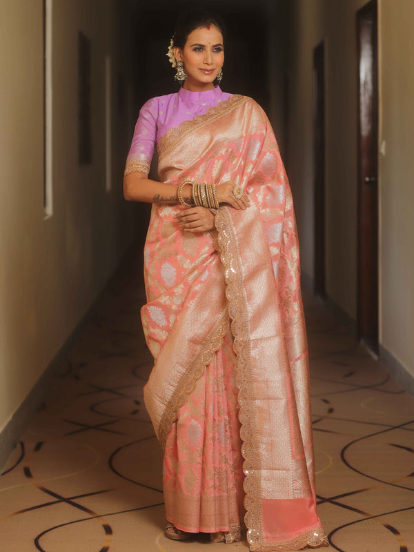 Banarasee Handwoven Georgette Saree Zari Jaal Design With Lace-Pink