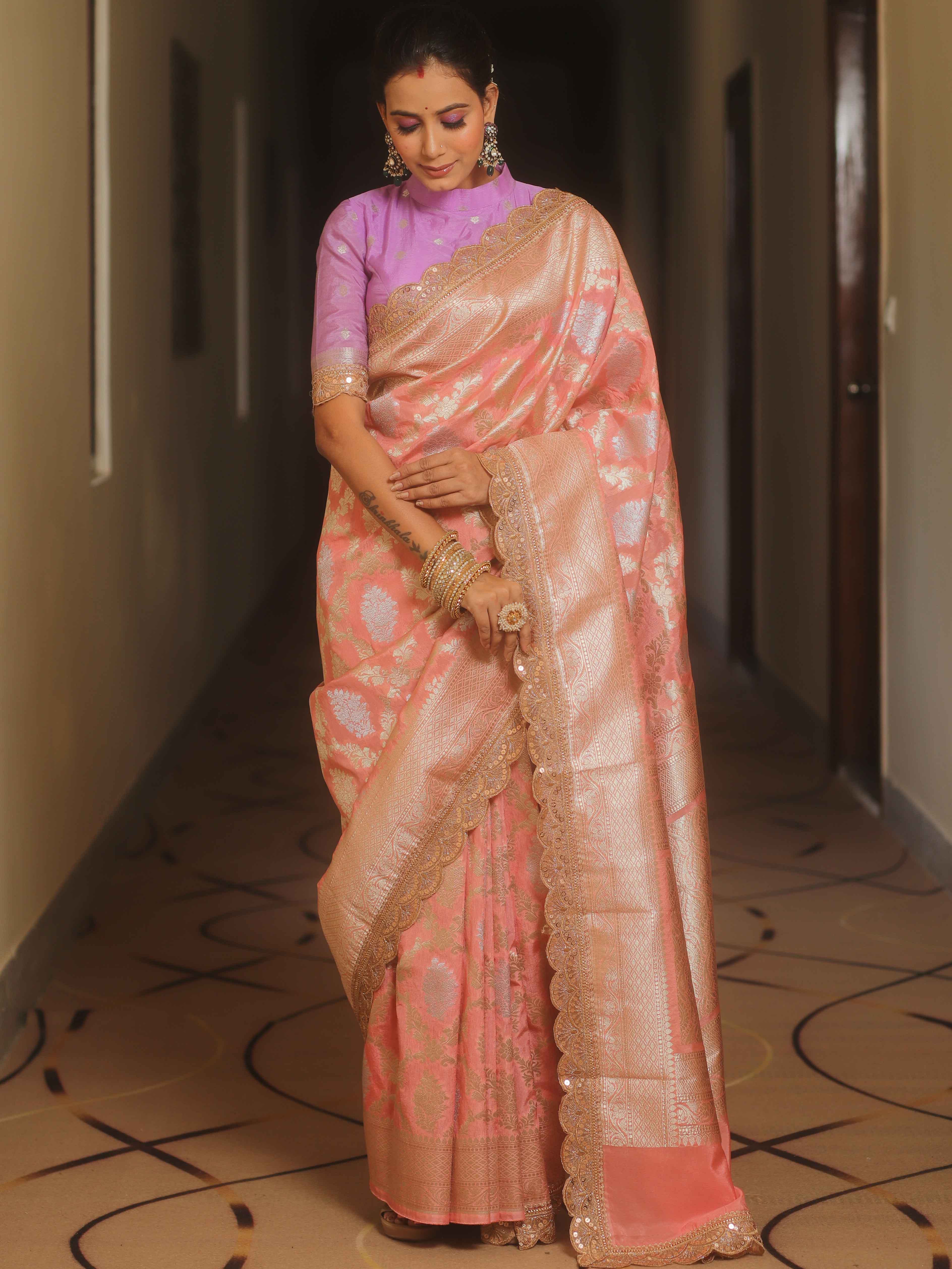 Banarasee Handwoven Georgette Saree Zari Jaal Design With Lace-Pink