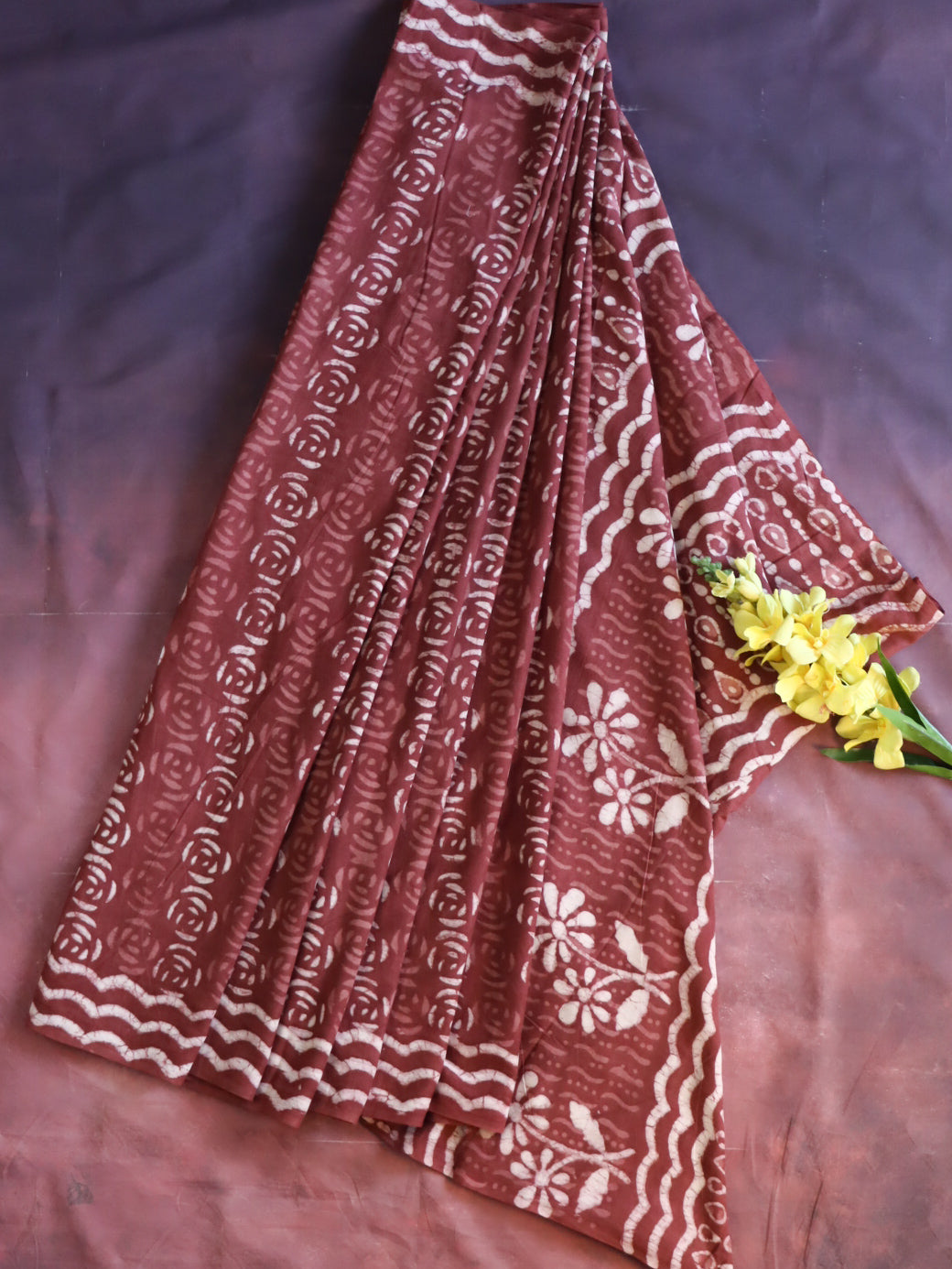 Handloom Mul Cotton Hand-Block Print Saree-Maroon