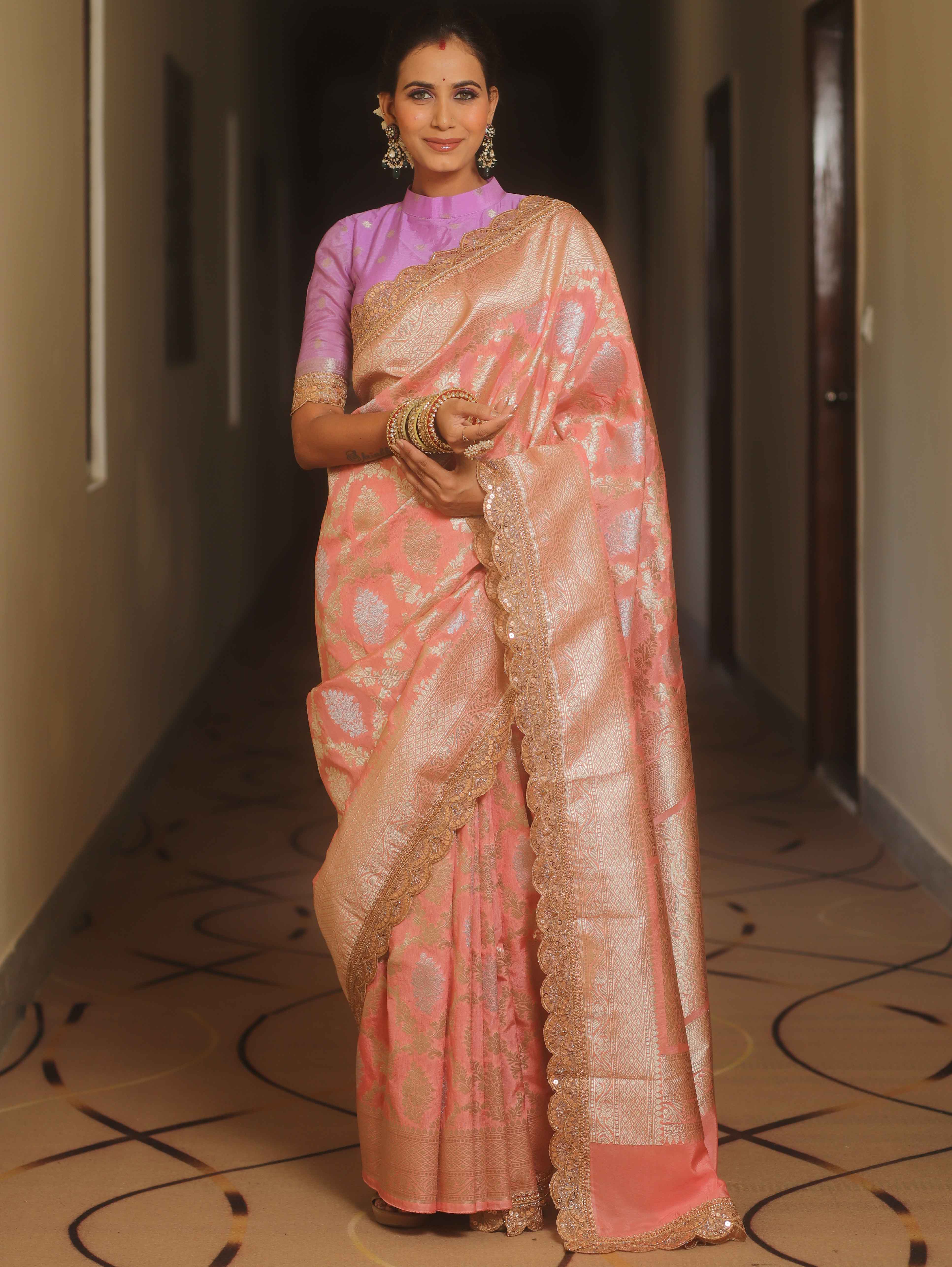 Banarasee Handwoven Georgette Saree With Zari Jaal Lace Border & Contrast Blouse-Pink