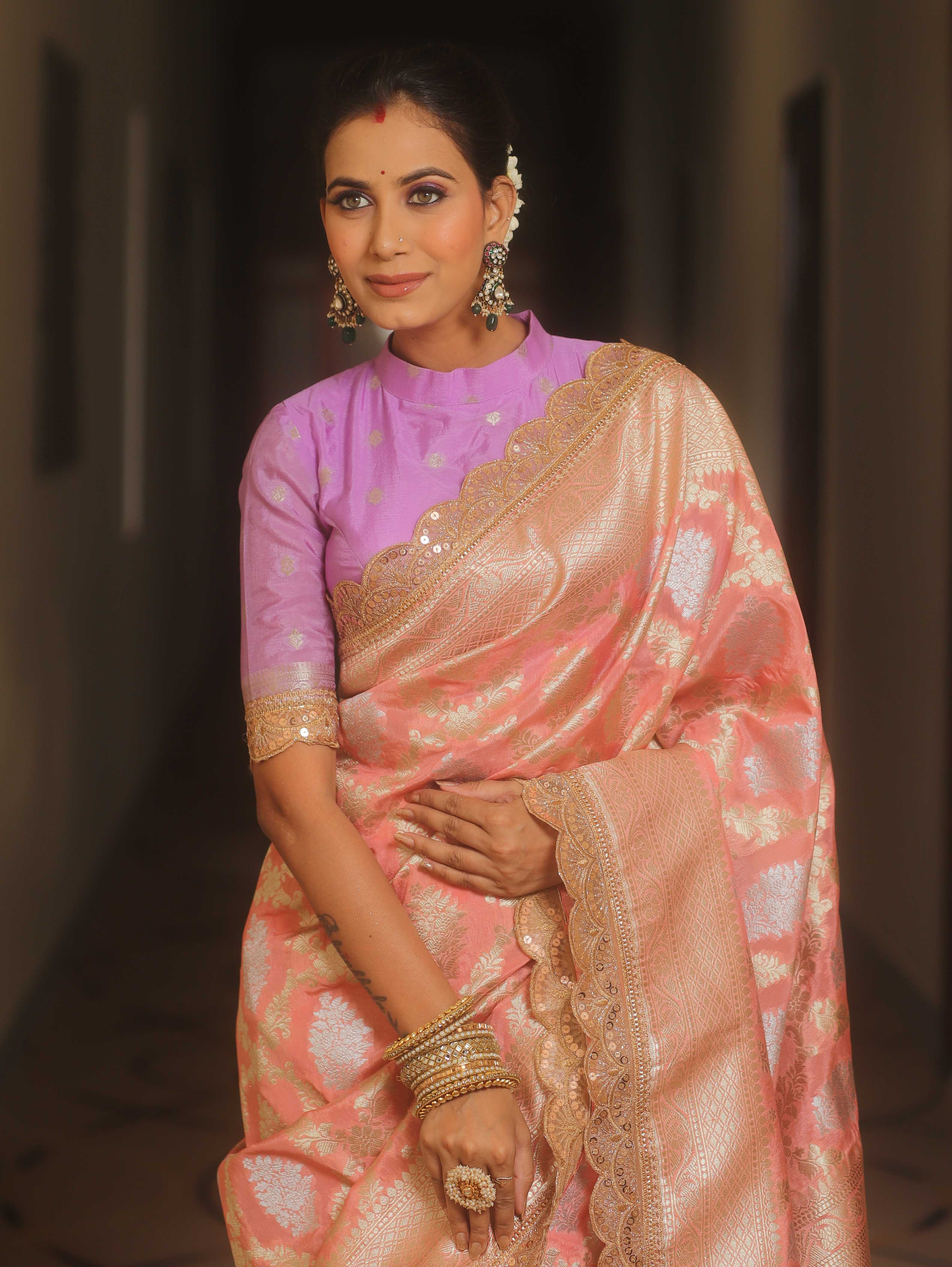 Banarasee Handwoven Georgette Saree Zari Jaal Design With Lace-Pink