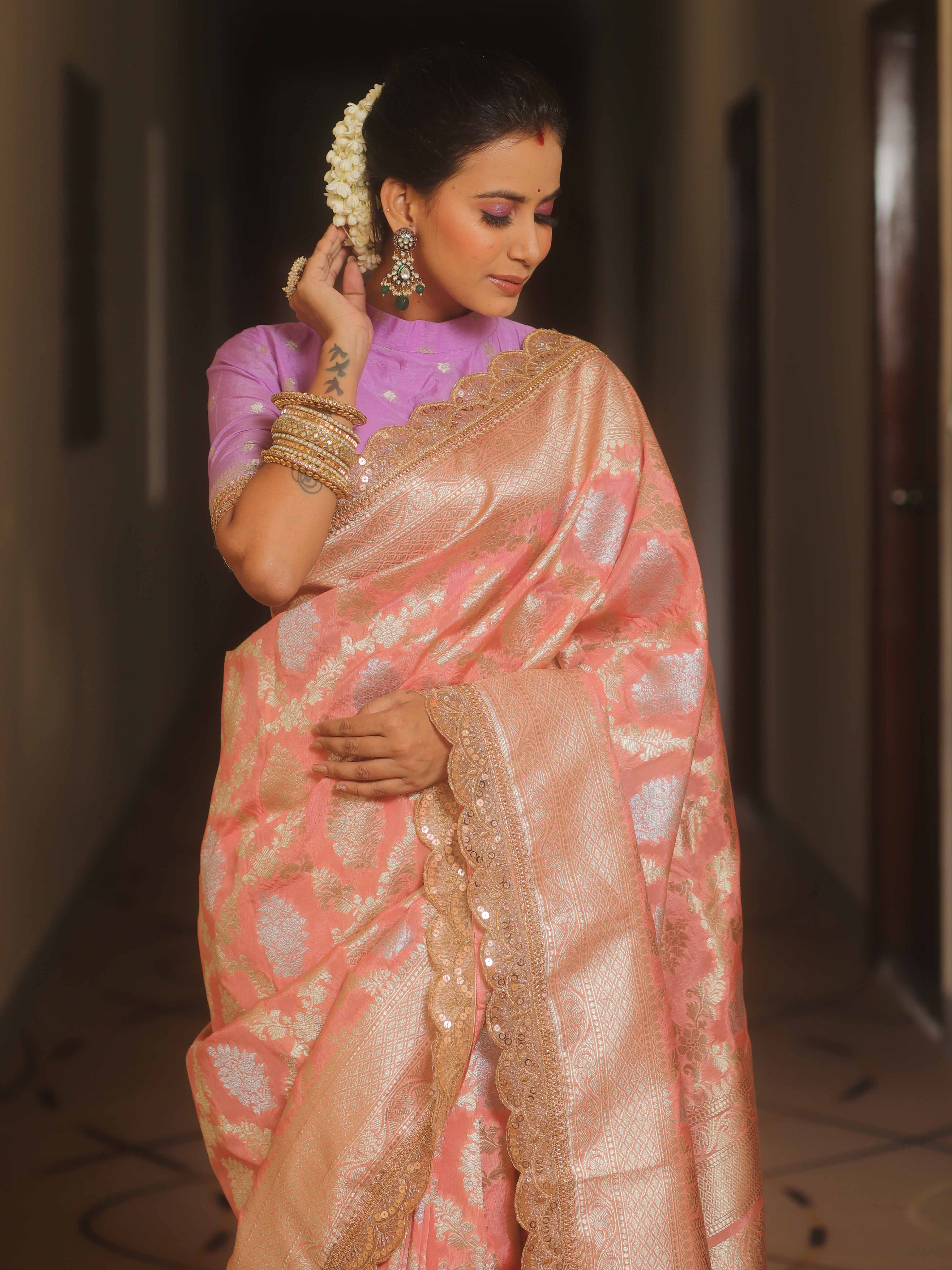 Banarasee Handwoven Georgette Saree With Zari Jaal Lace Border & Contrast Blouse-Pink