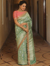 Banarasee Handwoven Georgette Saree With Zari Jaal Lace Border & Contrast Blouse-Pastel Green