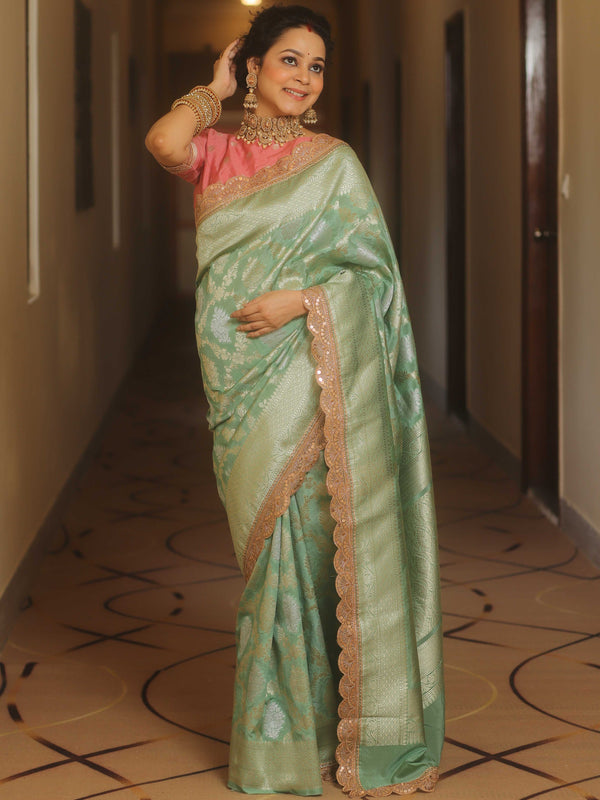 Banarasee Handwoven Georgette Saree With Zari Jaal Lace Border & Contrast Blouse-Pastel Green