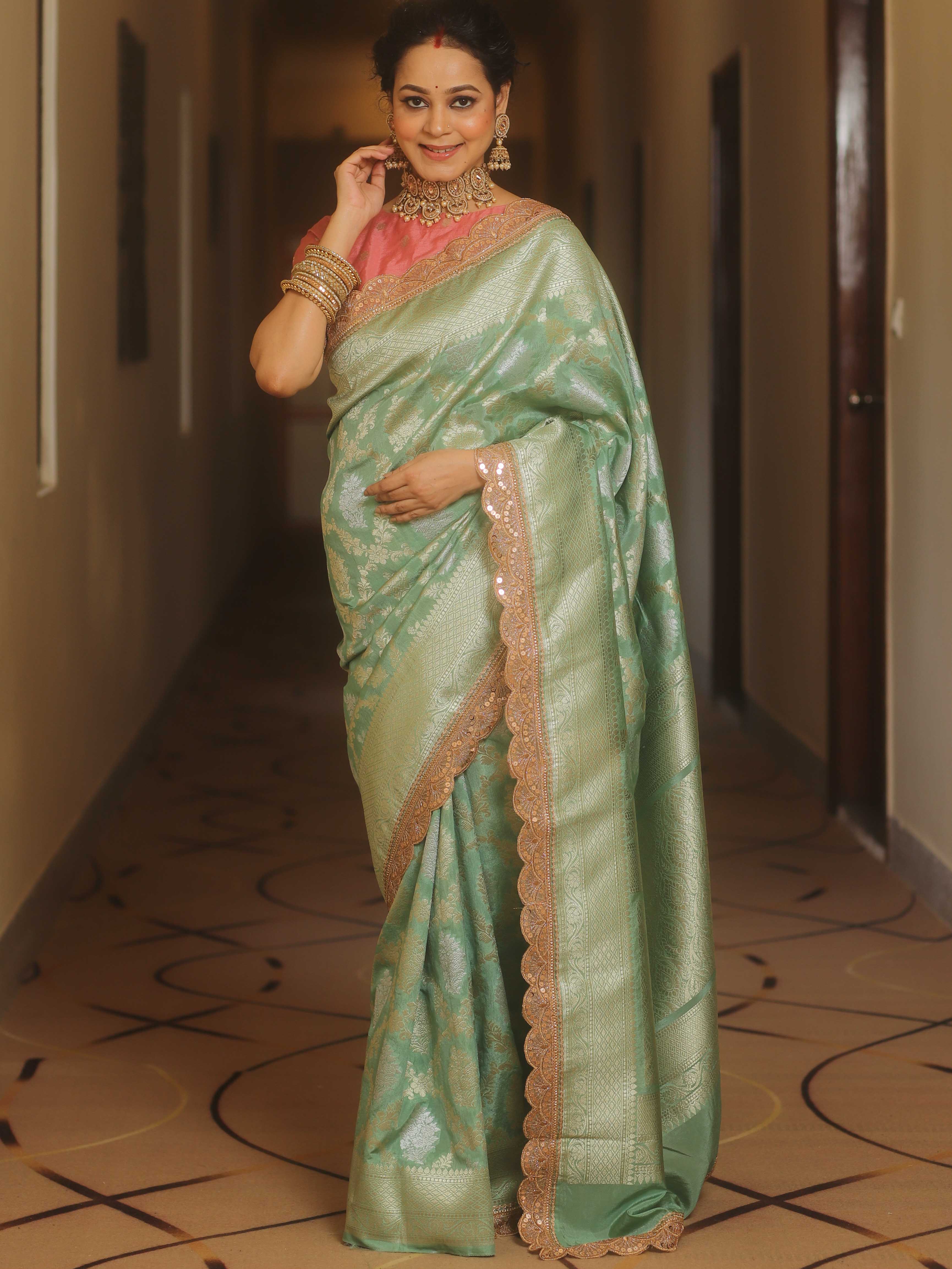 Banarasee Handwoven Georgette Saree Zari Jaal Design With Lace-Pastel Green