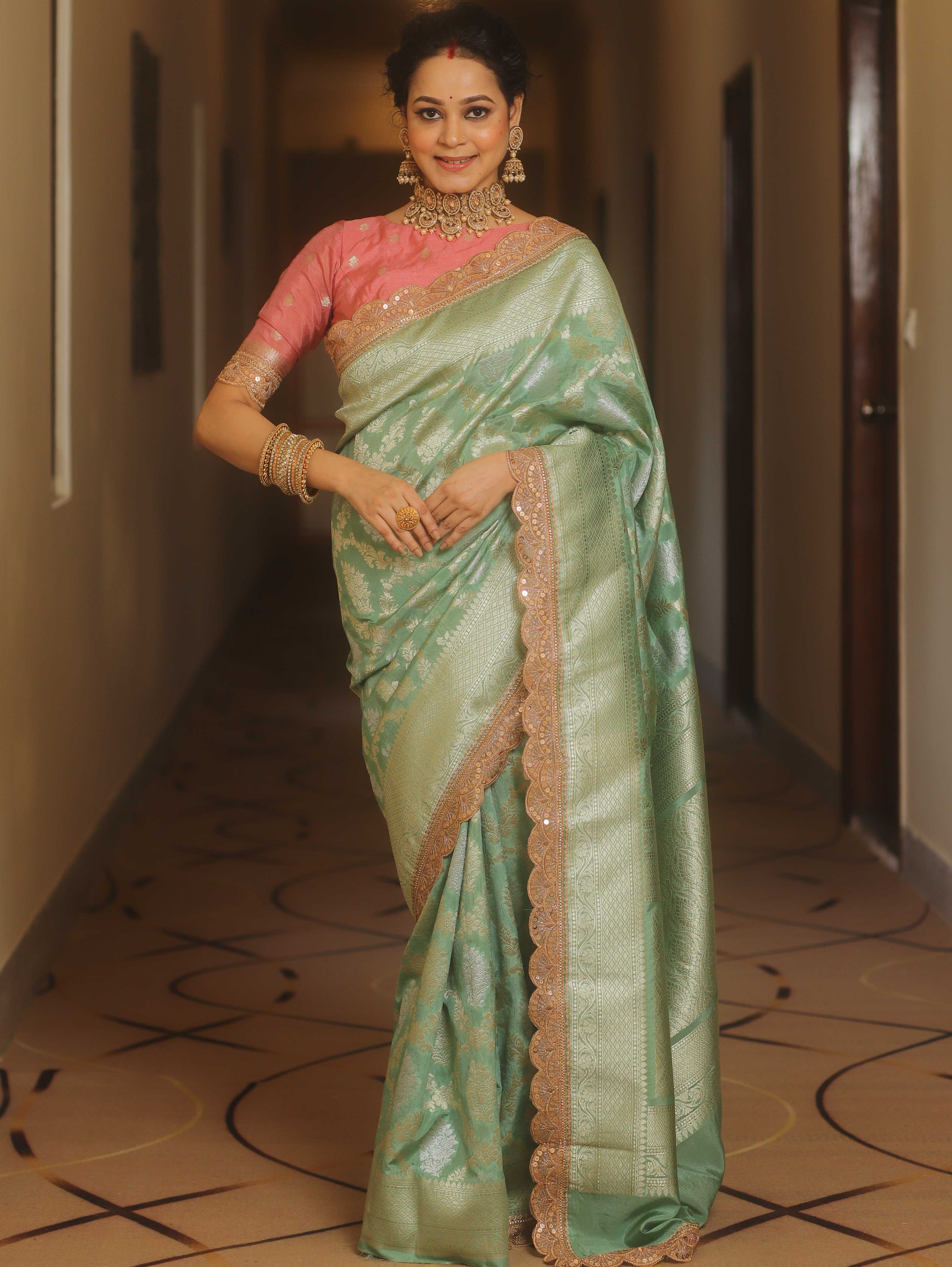 Banarasee Handwoven Georgette Saree Zari Jaal Design With Lace-Pastel Green