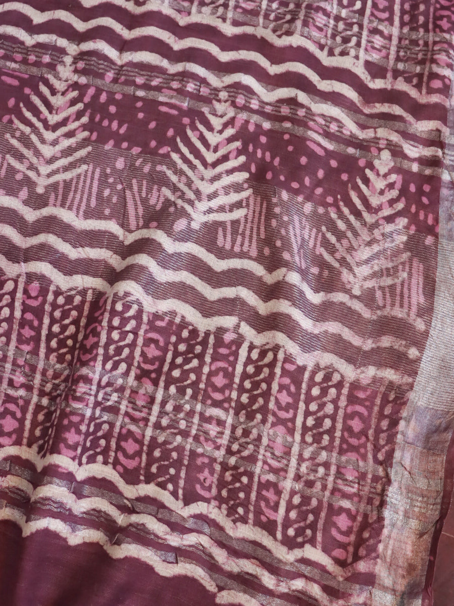 Linen Cotton Bagru Hand-Block Printed Saree-Purple