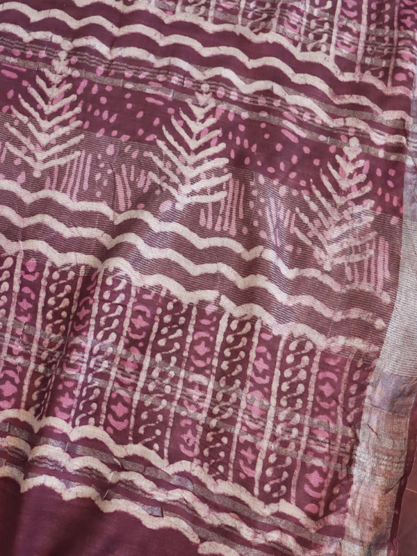 Linen Cotton Bagru Hand-Block Printed Saree-Purple