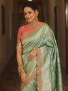 Banarasee Handwoven Georgette Saree With Zari Jaal Lace Border & Contrast Blouse-Pastel Green