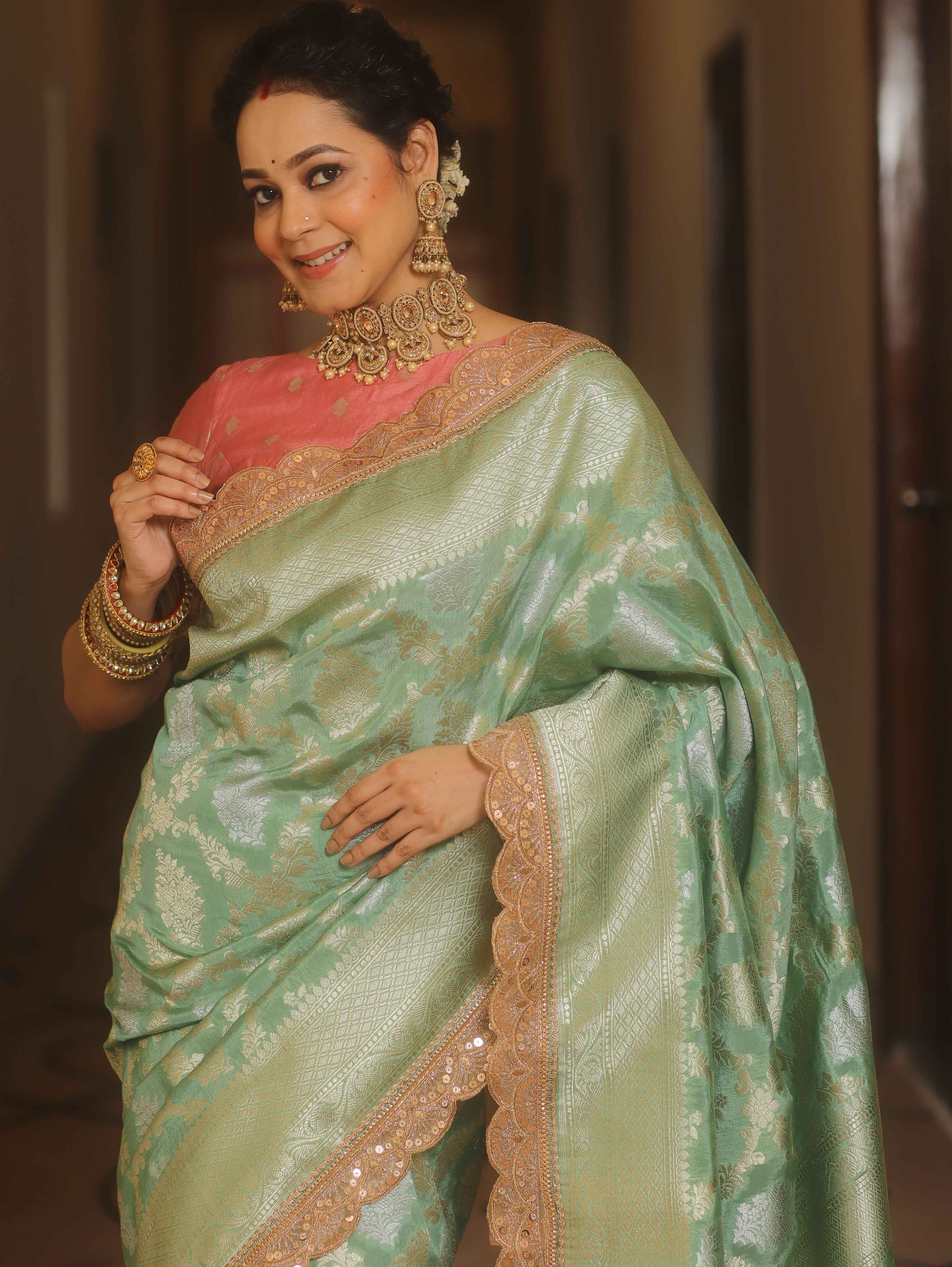 Banarasee Handwoven Georgette Saree With Zari Jaal Lace Border & Contrast Blouse-Pastel Green