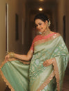 Banarasee Handwoven Georgette Saree With Zari Jaal Lace Border & Contrast Blouse-Pastel Green