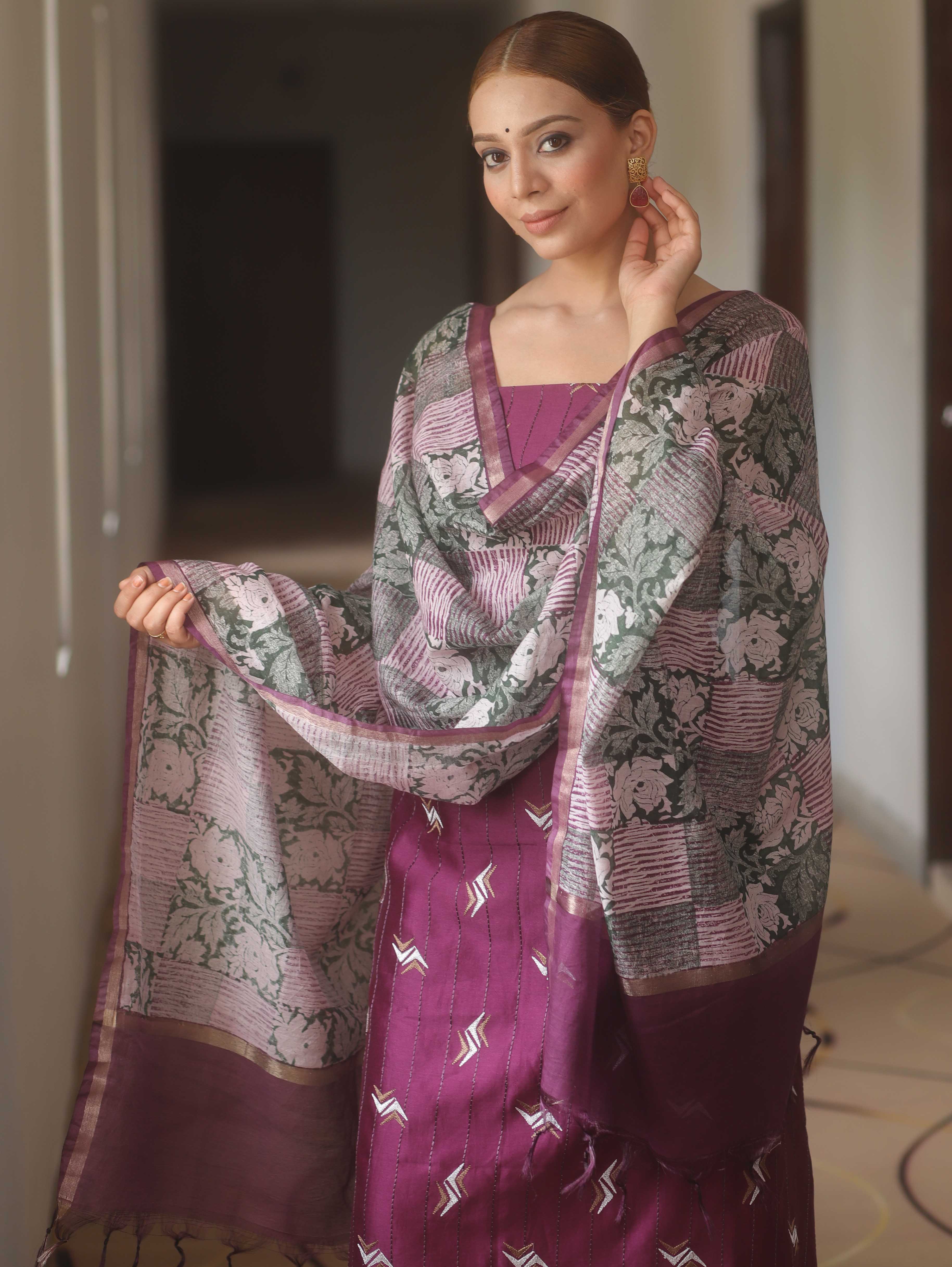 Banarasee Chanderi Salwar Kameez Fabric With Digital Print Dupatta Set-Violet