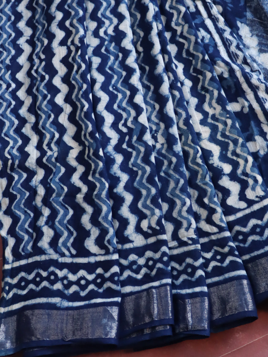 Linen Cotton Bagru Hand-Block Printed Saree-Blue