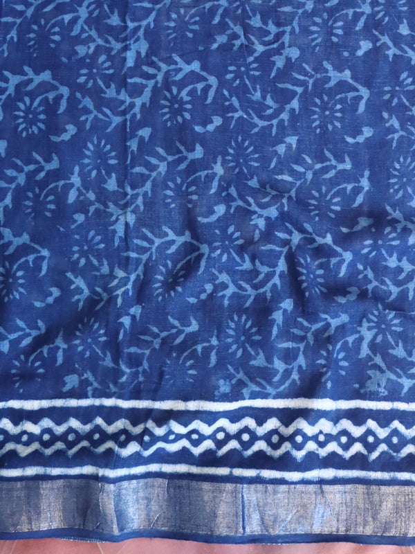 Linen Cotton Bagru Hand-Block Printed Saree-Blue