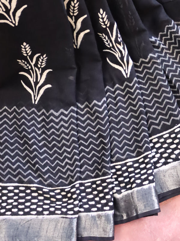 Linen Cotton Bagru Hand-Block Printed Saree-Black