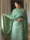 Banarasee Cotton Embroidered Salwar Kameez Fabric With Kota Check Dupatta Set-Olive Green