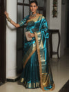 Banarasee Handwoven Plain Tissue Saree Zari Border With Lace-Teal Blue