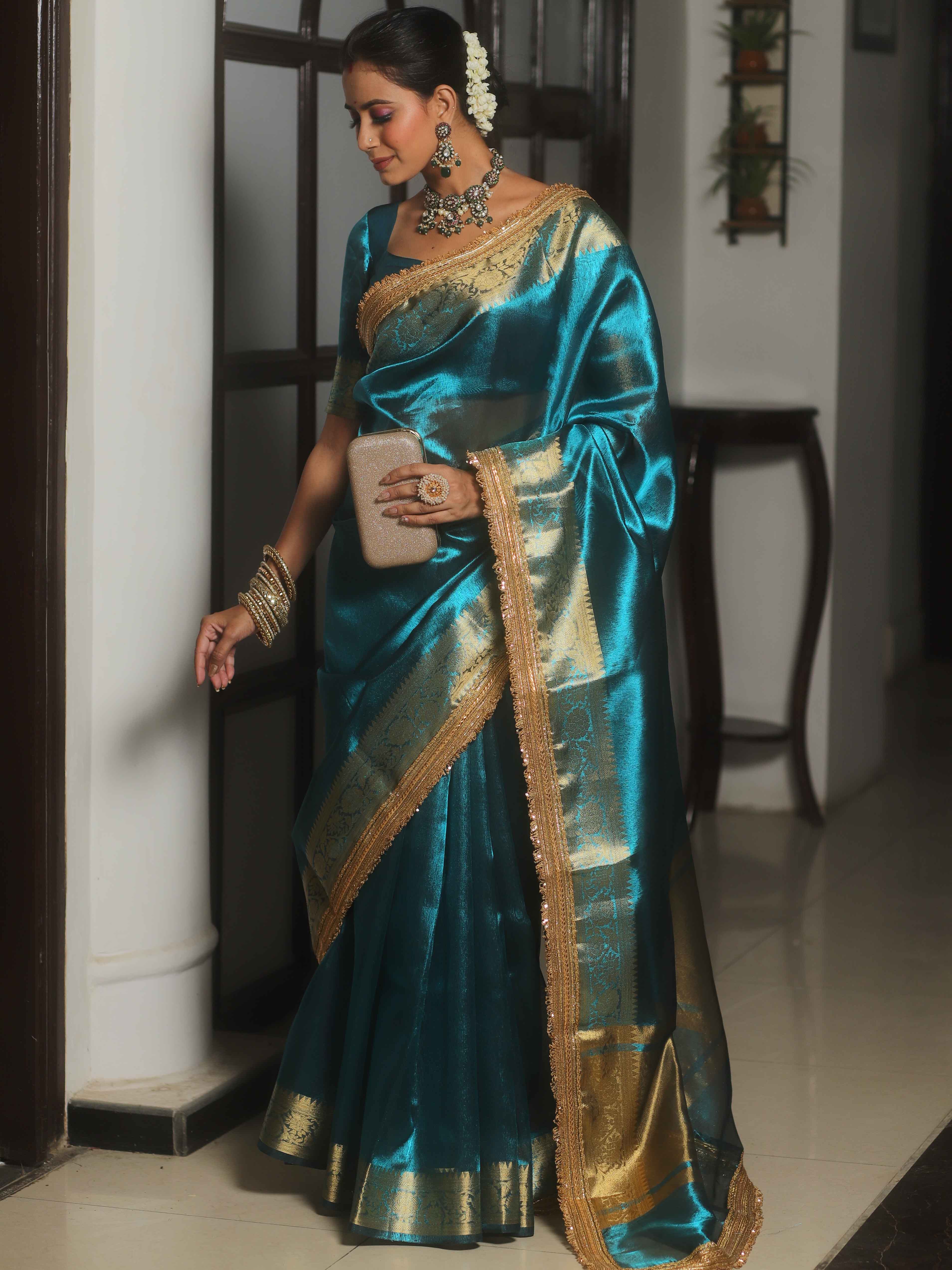 Banarasee Handwoven Plain Tissue Saree Zari Border With Lace-Teal Blue