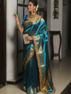 Banarasee Handwoven Plain Tissue Saree Zari Border With Lace-Teal Blue