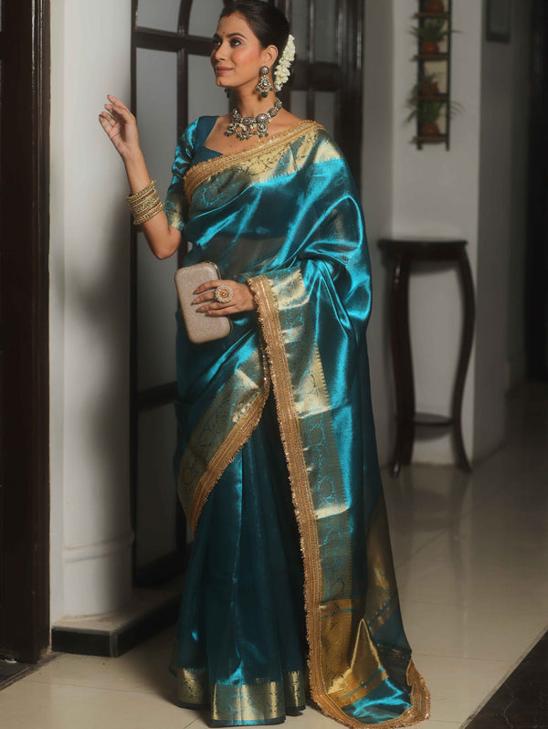 Banarasee Handwoven Plain Tissue Saree Zari Border With Lace-Teal Blue